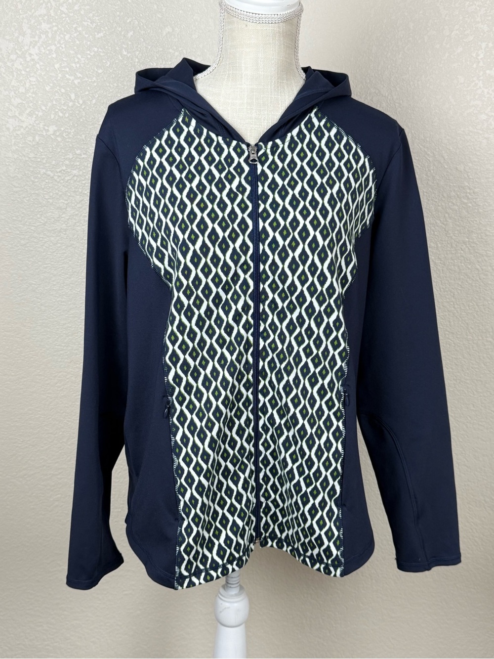 Zenergy by Chico’s Navy Hooded Zip Jacket with Patterned Front Size 2 (Large